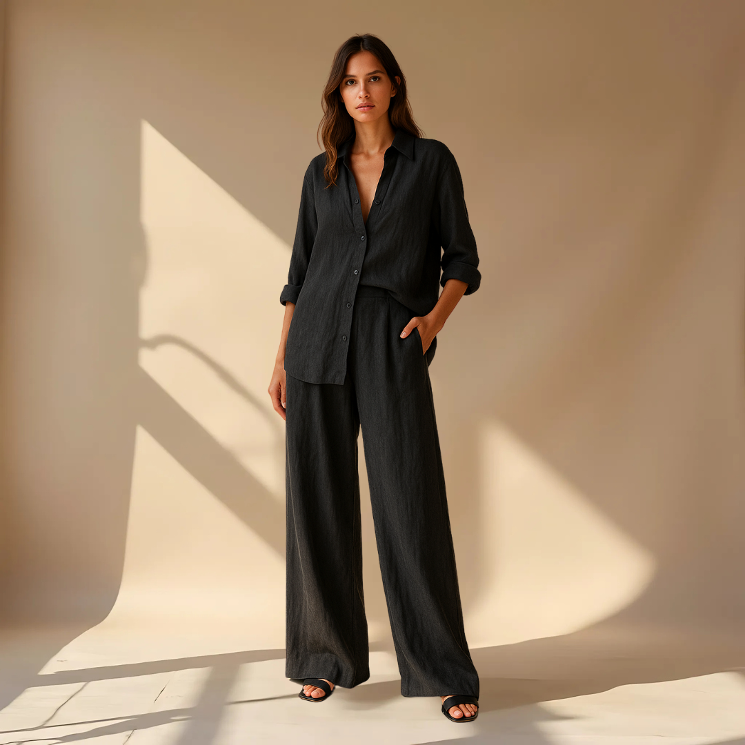 Hedda | Womenâs Linen Shirt Wide Leg Trousers Set