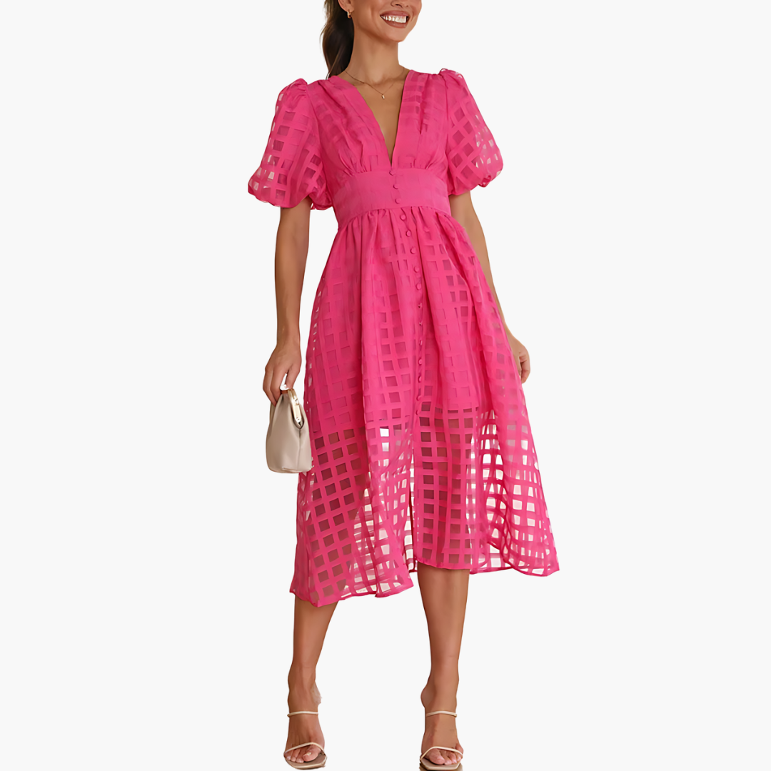 Aurelie | Womenâs Cocktail Puff Sleeves Midi Dress