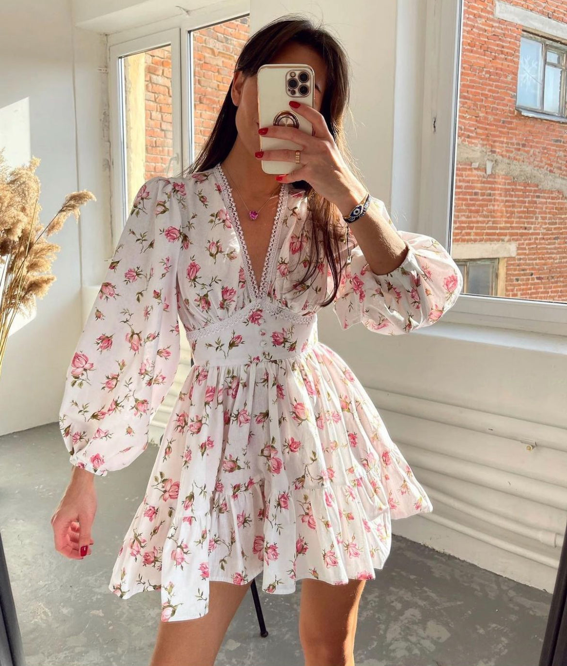 Annabelle | Womenâs Crochet Lace Balloon Sleeve Mini Dress