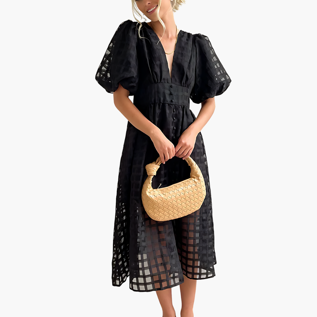 Aurelie | Womenâs Cocktail Puff Sleeves Midi Dress