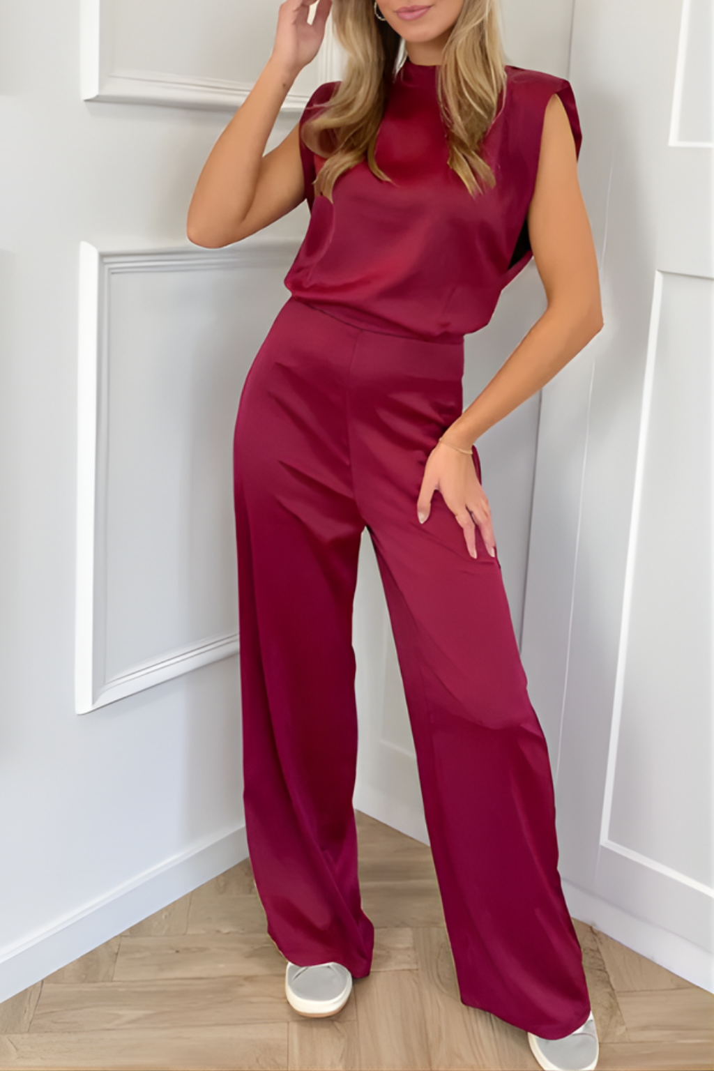Wenda | Women’s Satin Padded Shoulder Jumpsuit