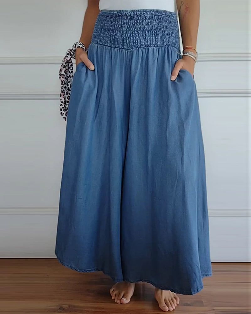 Coleen | Womenâs Shirred Waist Chambray Skirt-Style Pants