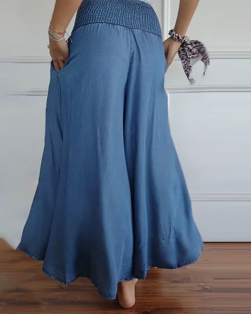 Coleen | Womenâs Shirred Waist Chambray Skirt-Style Pants