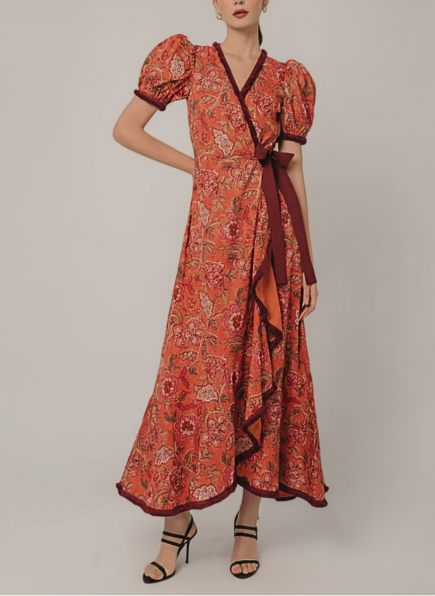 Nellie | Womenâs Short Puff Sleeves Wrap Midi Dress