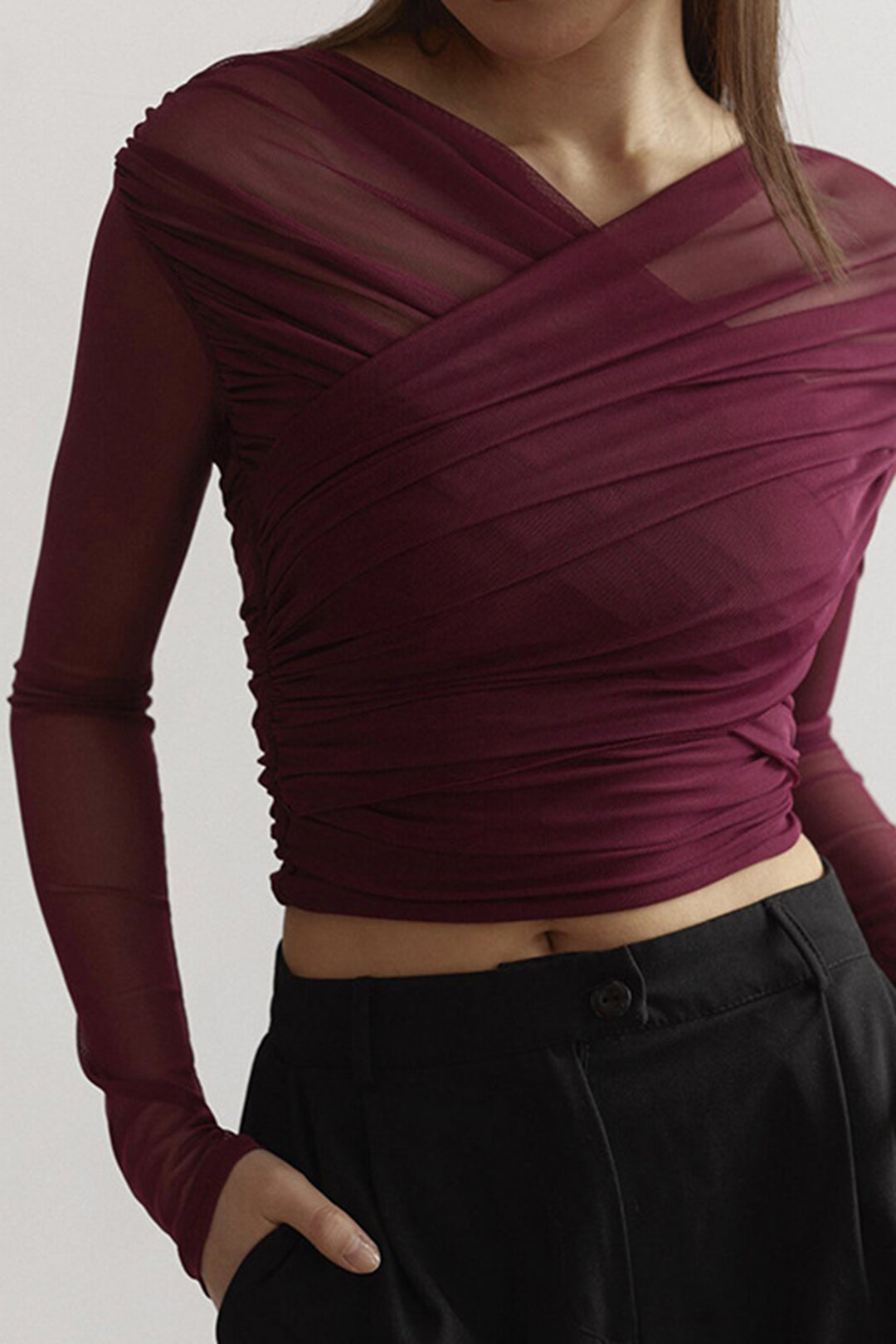 Tindra | Womenâs Mesh Long Sleeve Crop Top