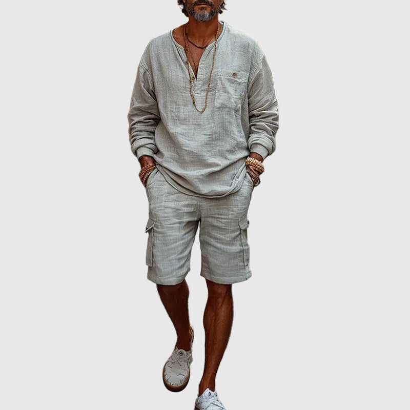 Jere | Men’s Long Sleeve Henley Linen Set
