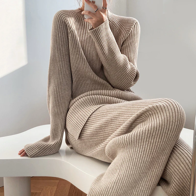Jelena | Womenâs Long Sleeve Ribbed Knit Wide Leg Two-Piece Set