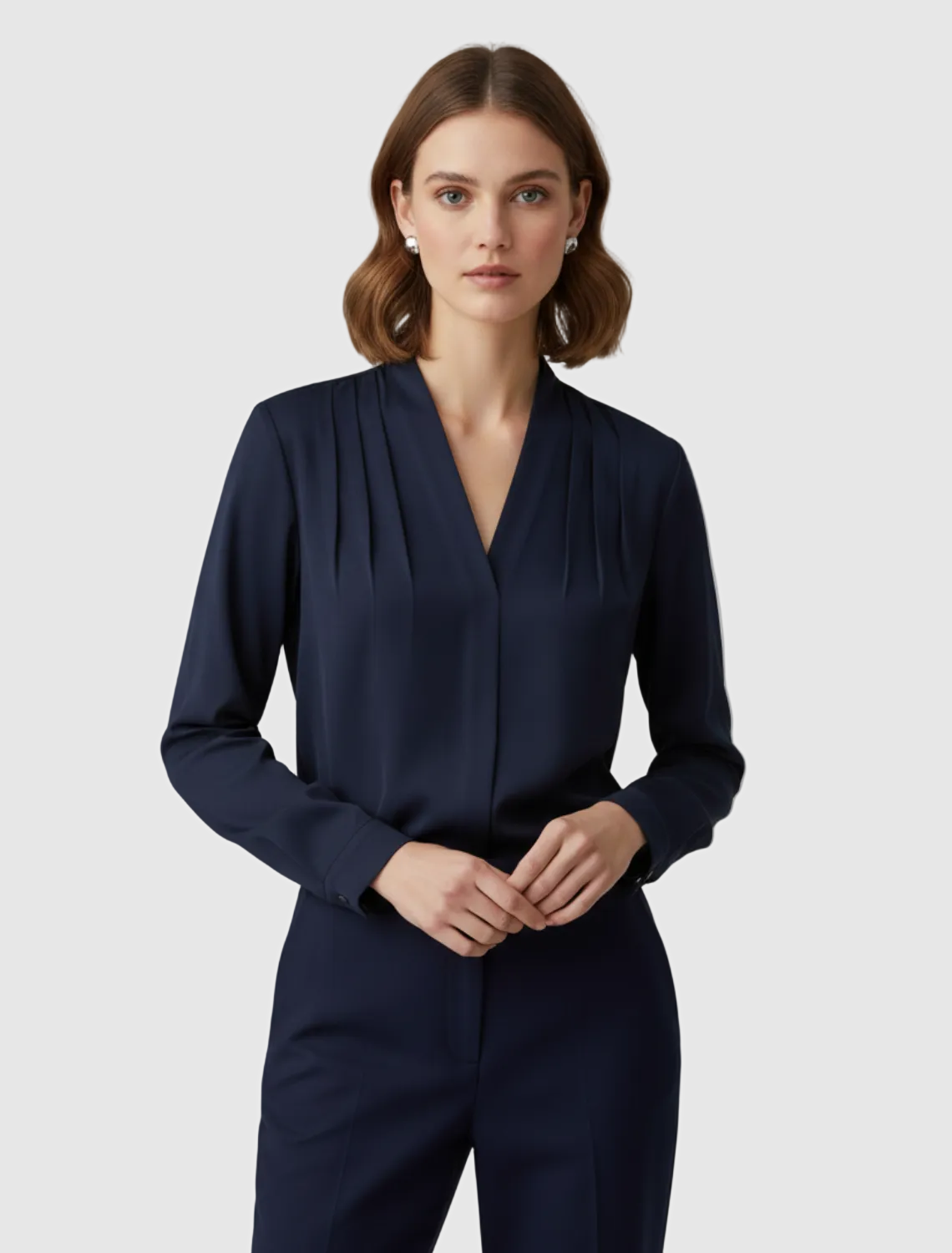 Kallista | Womenâs Long Sleeve V Neck Pleated Blouse
