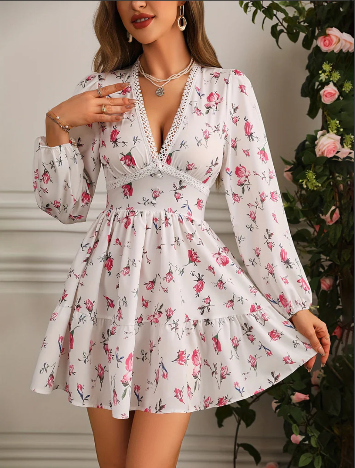 Annabelle | Womenâs Crochet Lace Balloon Sleeve Mini Dress