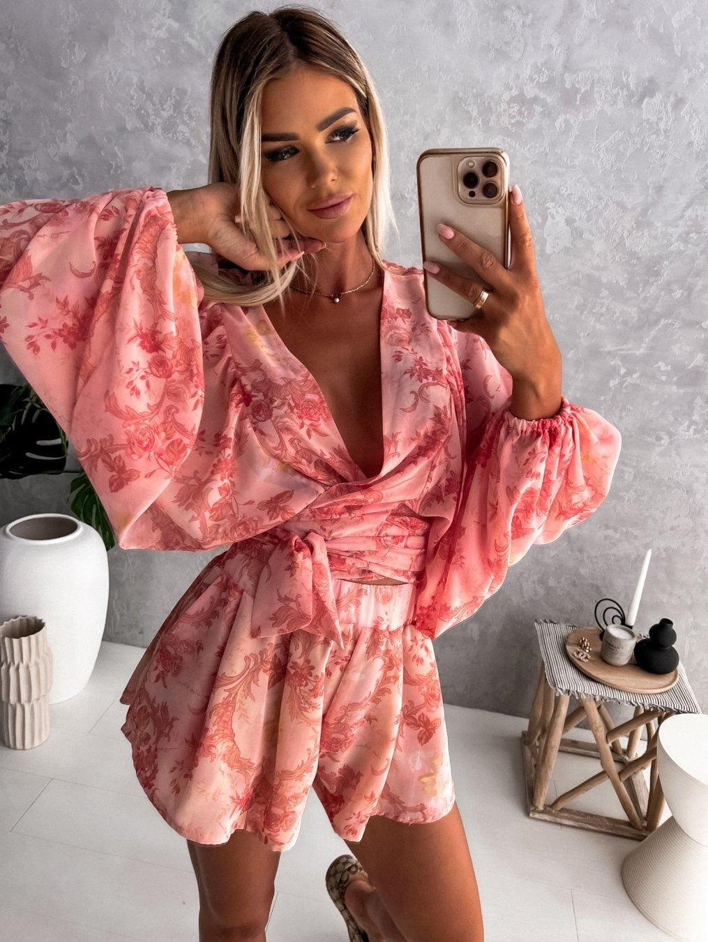 Eirene | Women’s Printed Long Sleeve Shorts Two-Piece Set