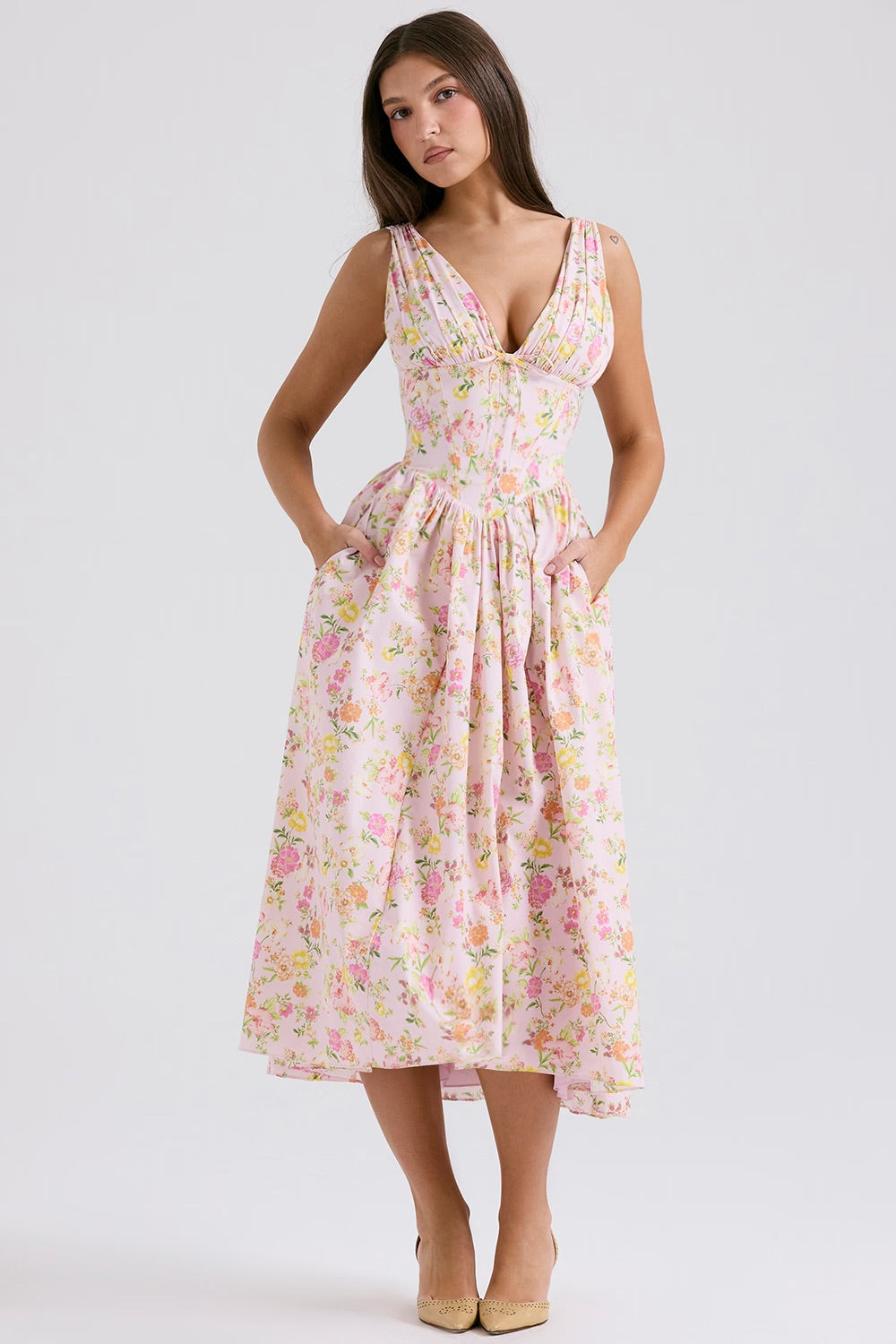 Lydia | Womenâs Floral Sleeveless Cocktail Midi Dress