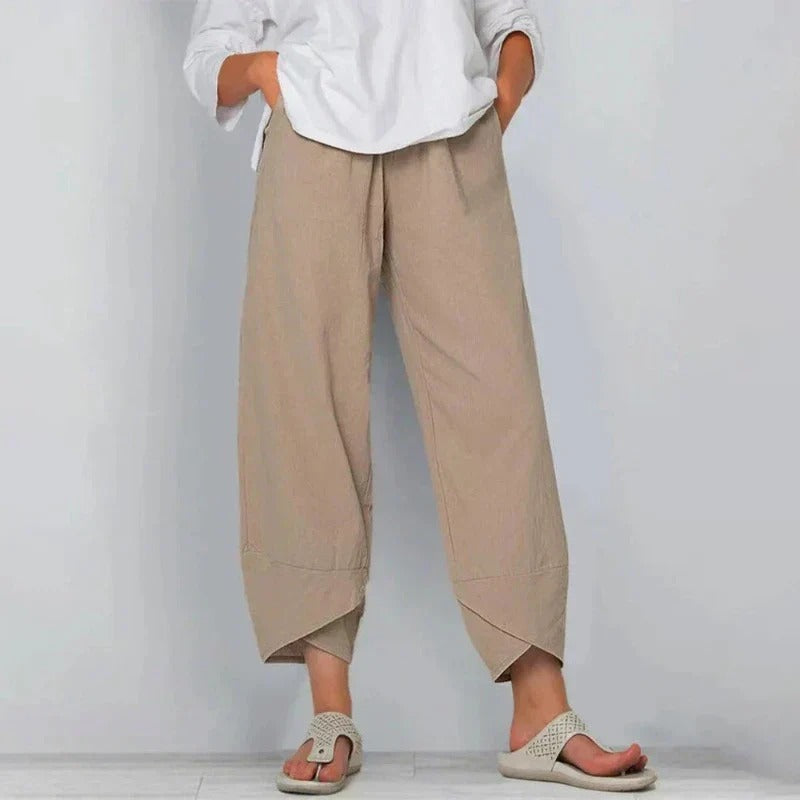 Penelope | Womenâs Linen-Look Cross-Hem Lantern Trousers