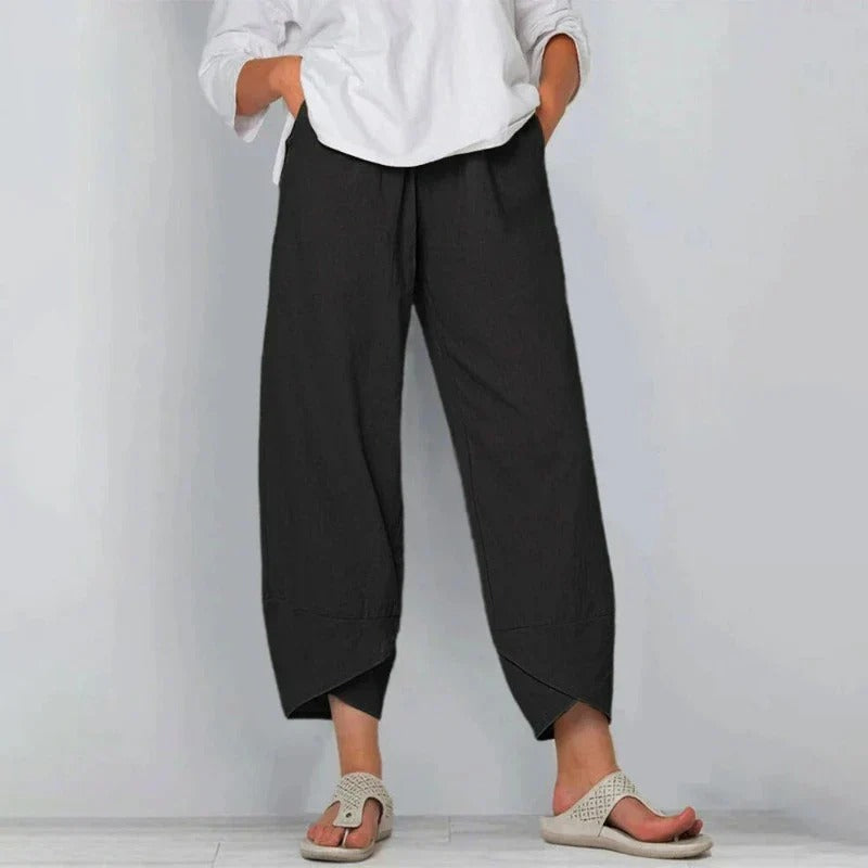 Penelope | Womenâs Linen-Look Cross-Hem Lantern Trousers