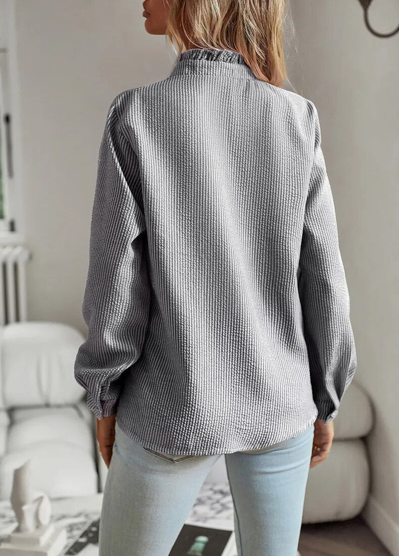 Amandine | Women’s Long Sleeve Ruffle Collar Button Blouse