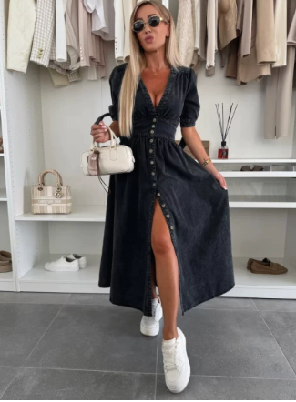 Runa | Womenâs V Neck Button Front Midi Dress