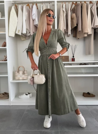 Runa | Womenâs V Neck Button Front Midi Dress