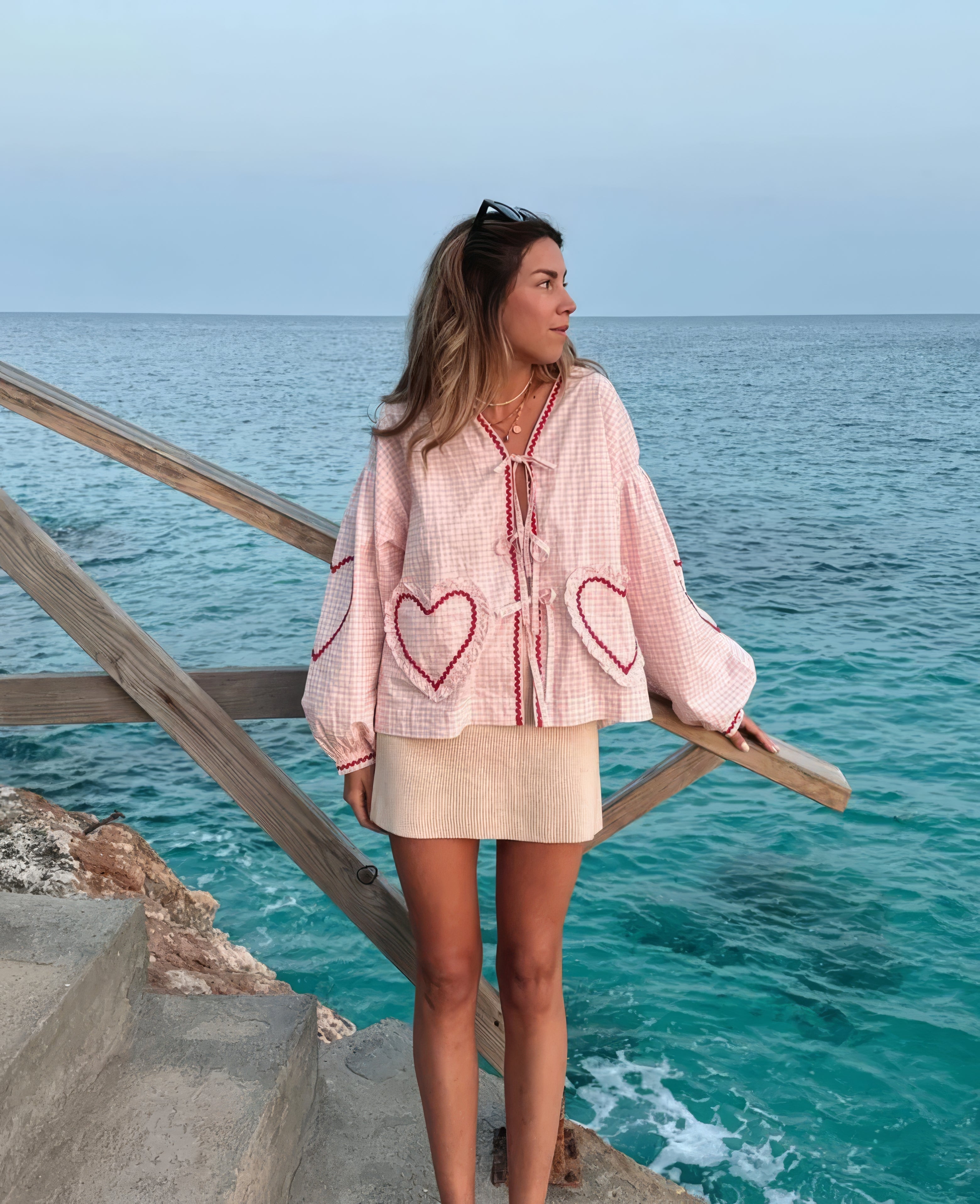 Cressida | Womenâs Gingham Heart Print Tie Front Blouse