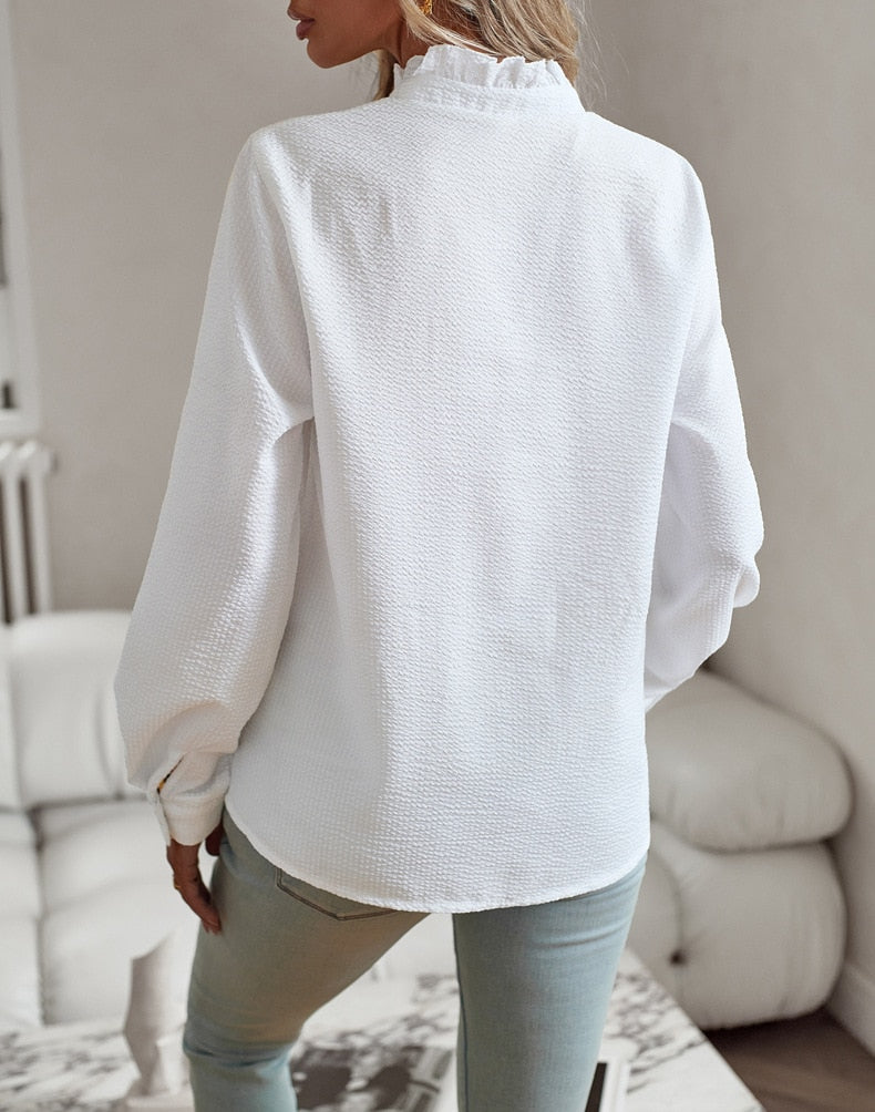 Amandine | Women’s Long Sleeve Ruffle Collar Button Blouse