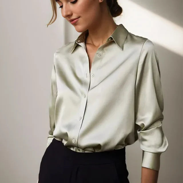 Nives | Womenâs Satin Long Sleeve Collared Blouse