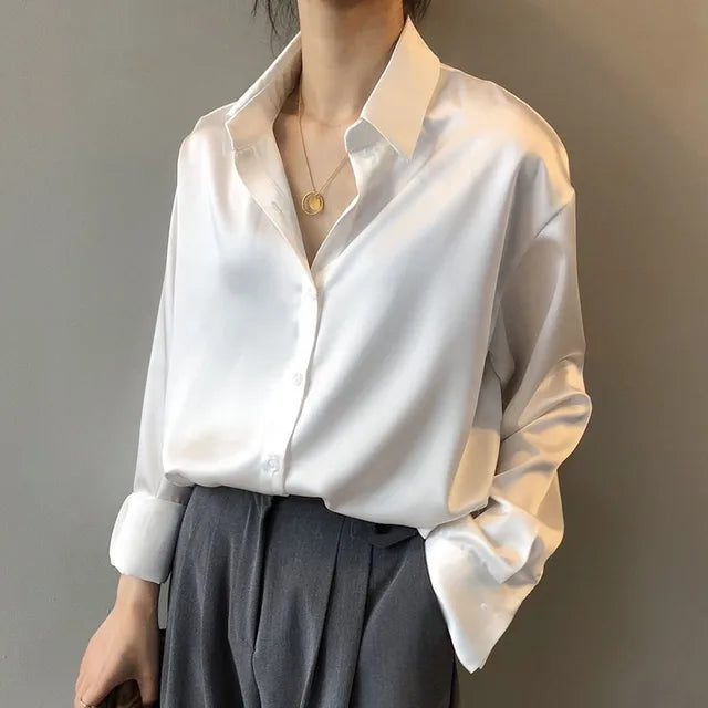 Nives | Womenâs Satin Long Sleeve Collared Blouse