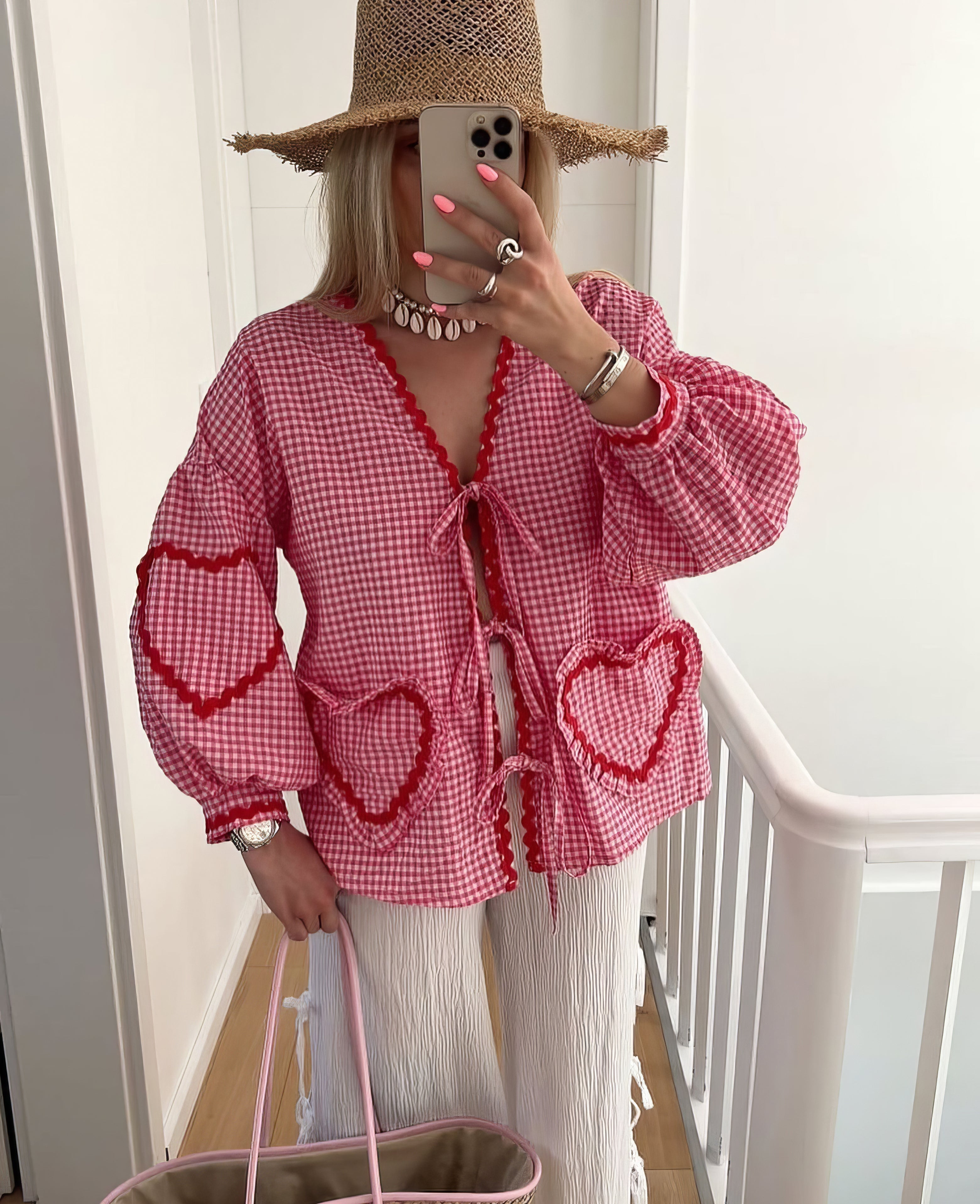 Cressida | Women’s Gingham Heart Print Tie Front Blouse