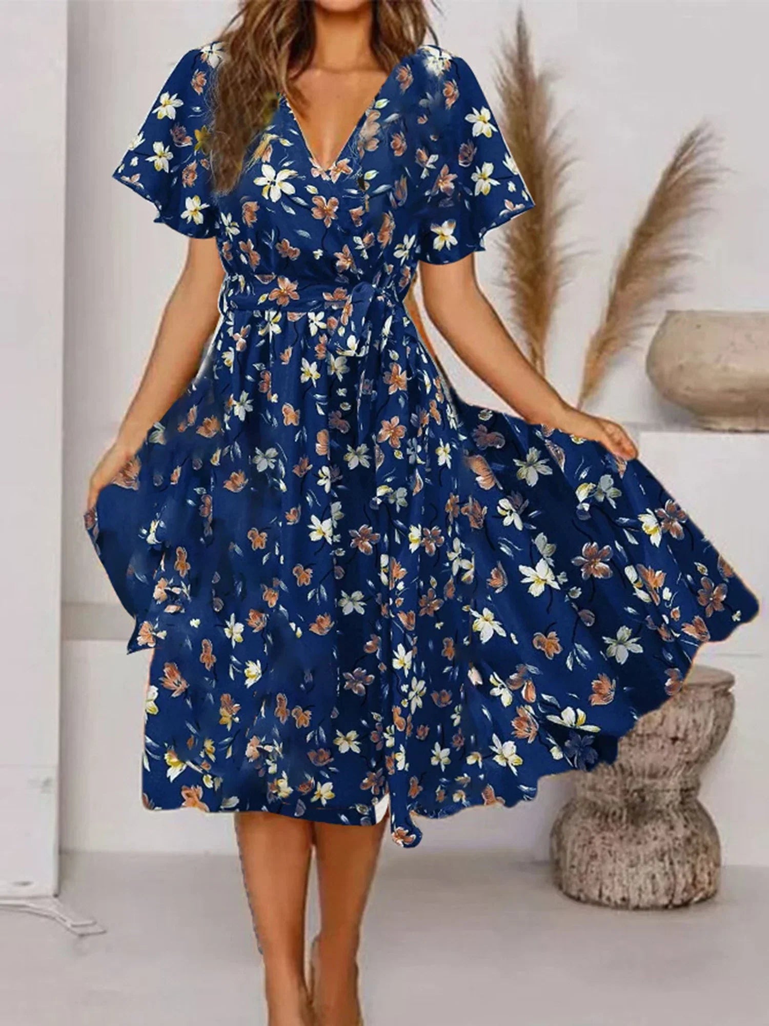 Lara | Womenâs Floral Short Sleeve Midi Dress