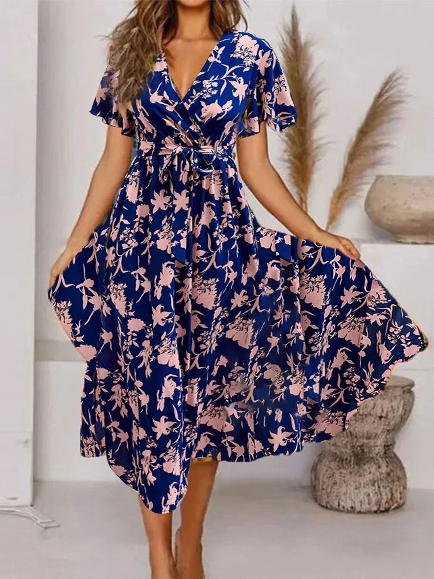 Lara | Womenâs Floral Short Sleeve Midi Dress