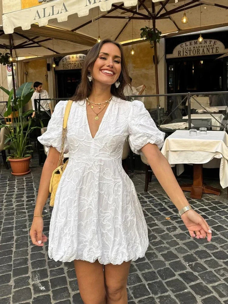 Eleanor | Women's V-Neck Puff Sleeve Mini Dress