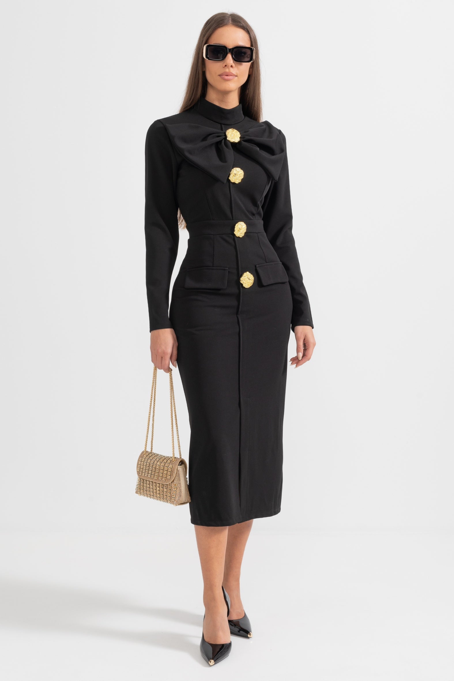 Mireille| Womenâs Long Sleeve High Neck Midi Dress