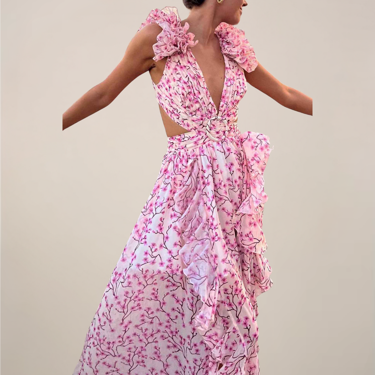 Eira | Womenâs V-Neck Ruffled Sleeves Maxi Dress