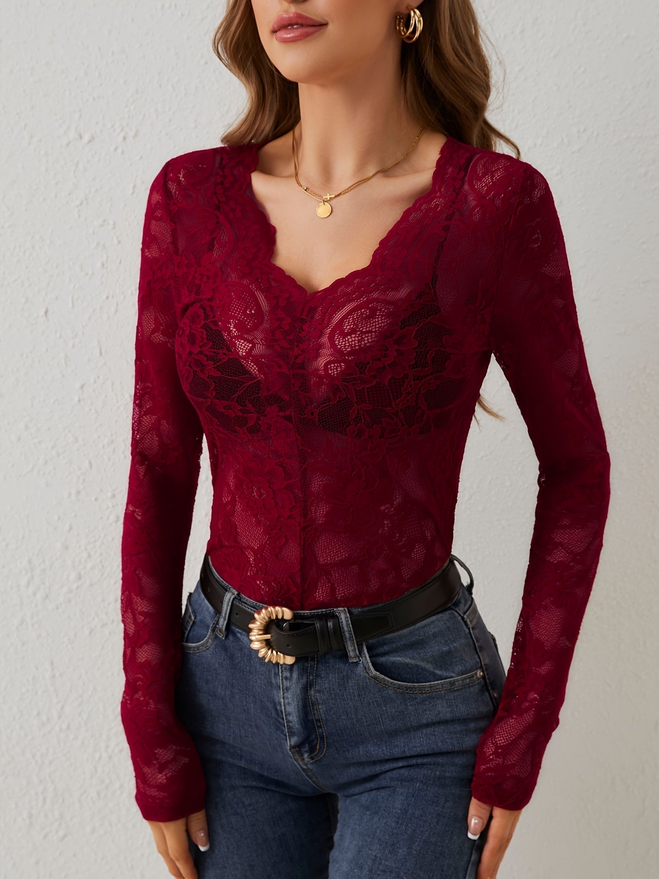 Maialen | Womenâs Long Sleeve Lace V Neck Top