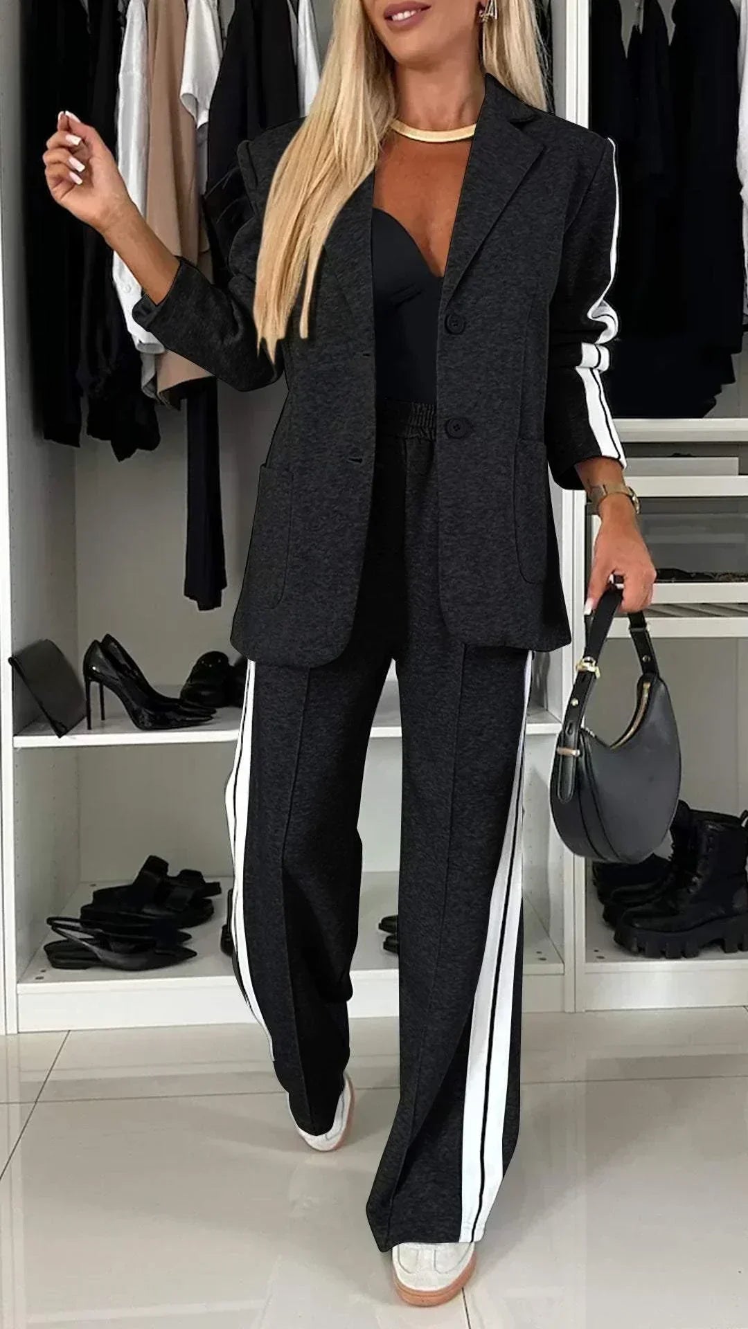Katalin | Womenâs Side Stripes Wide Leg Blazer Set