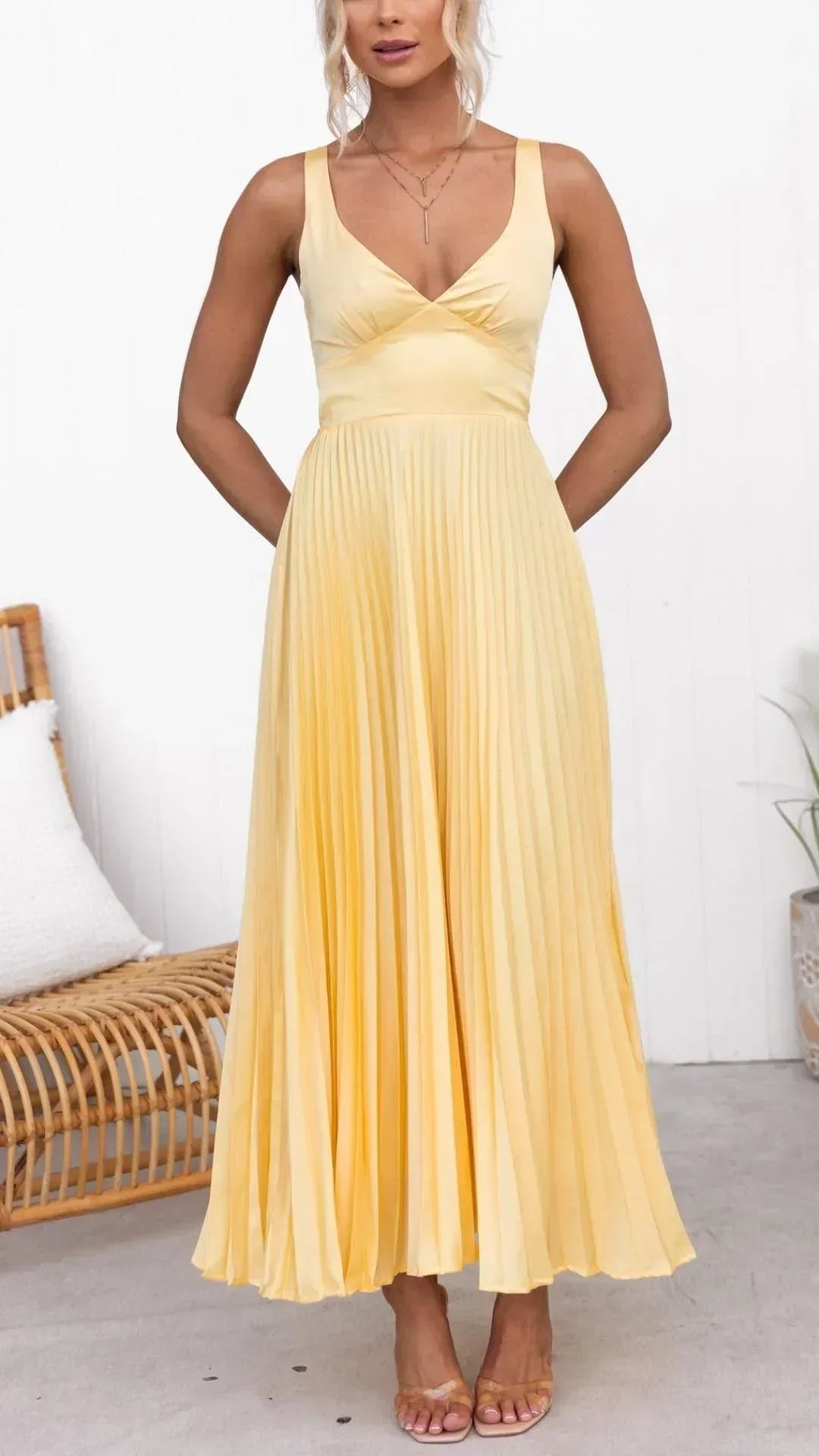 Aveline | Womenâs V-Neck Pleated Maxi Dress