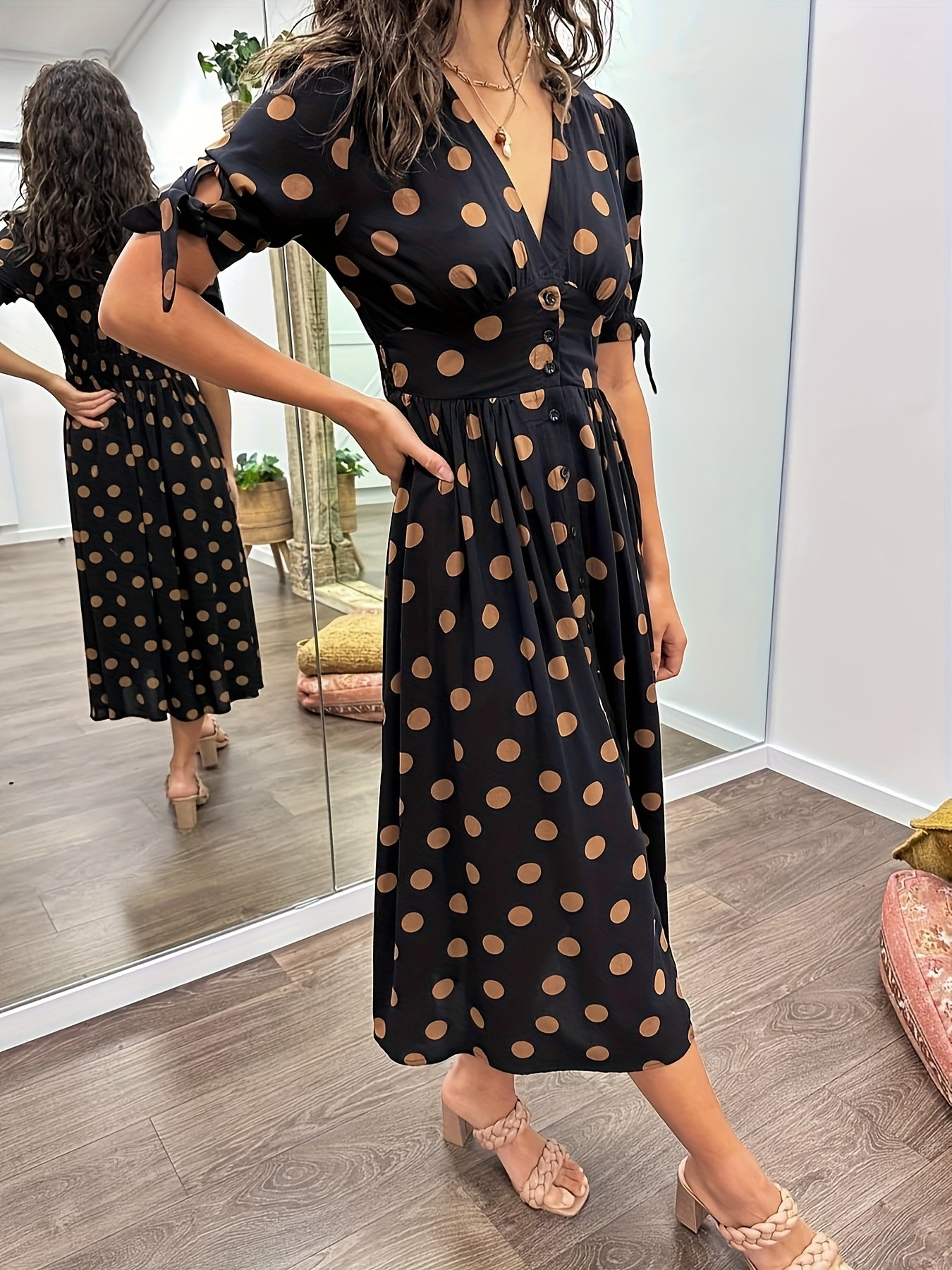 Amaris | Women’s Polka Dot V Neck Midi Dress