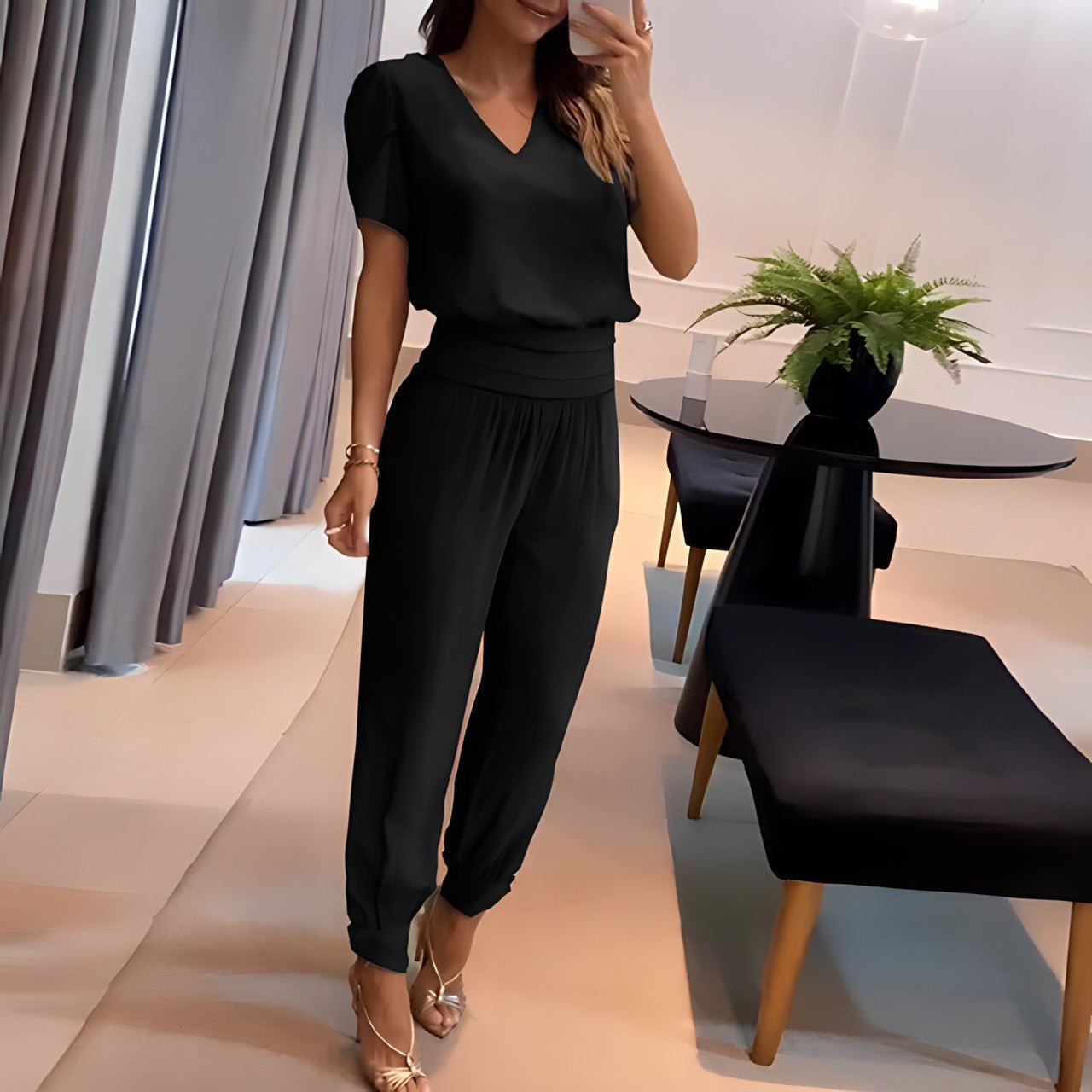 Evelina | Women’s V-Neck Wide Leg Two-Piece Set