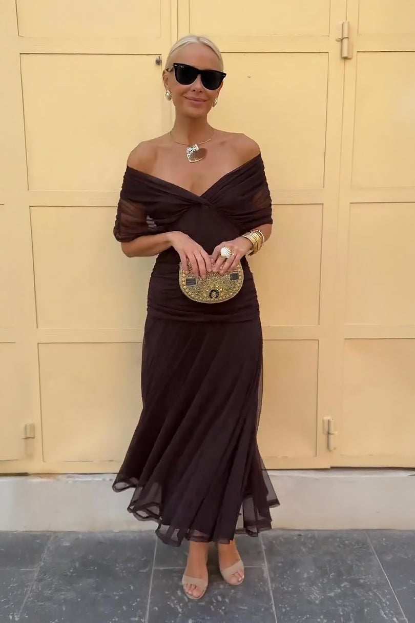 Formal Off Shoulder Midi Dress - Brown