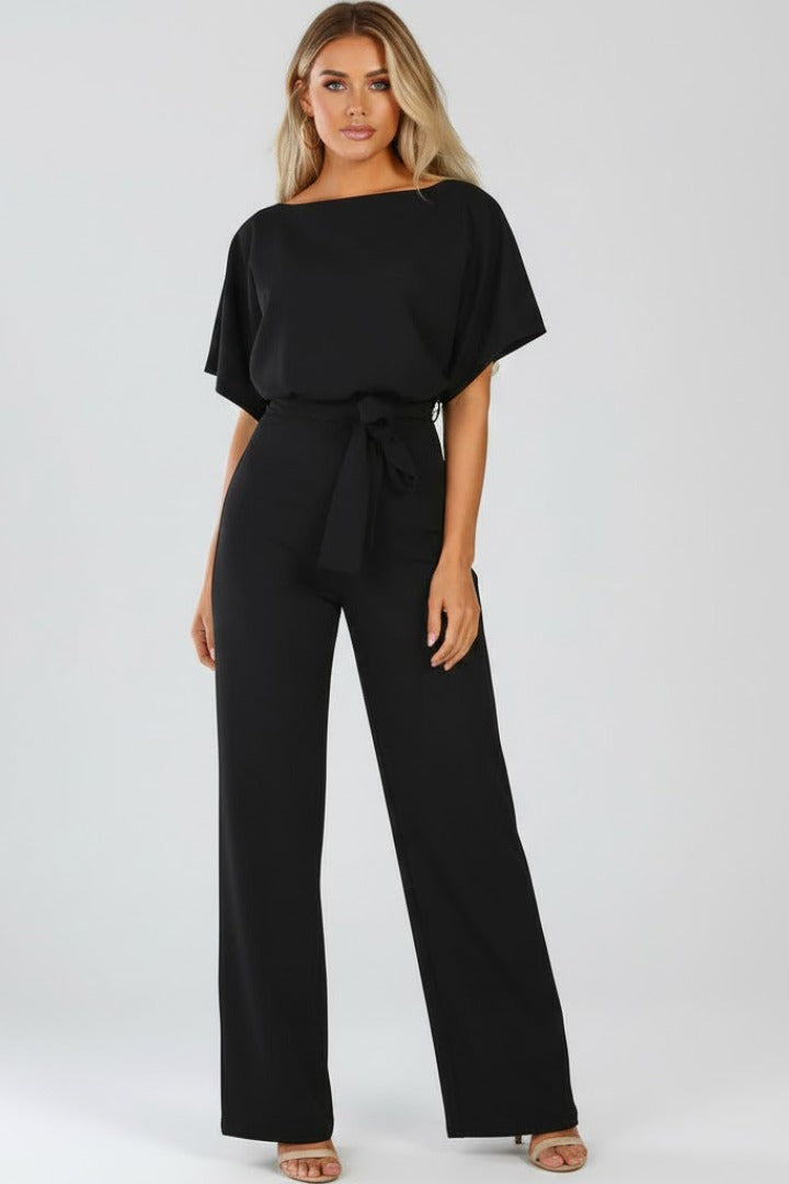 Belted Wide Leg Jumpsuit - Black
