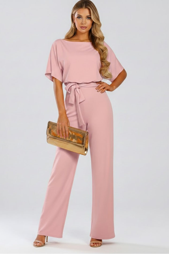 Belted Wide Leg Jumpsuit - Pink