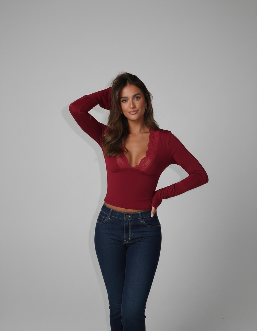 Arantxa | Womenâs Long Sleeve Lace Trim V Neck Top