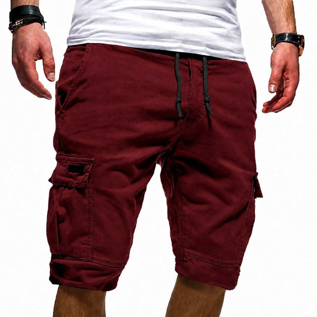 Elastic Waist Cargo Shorts - Burgundy
