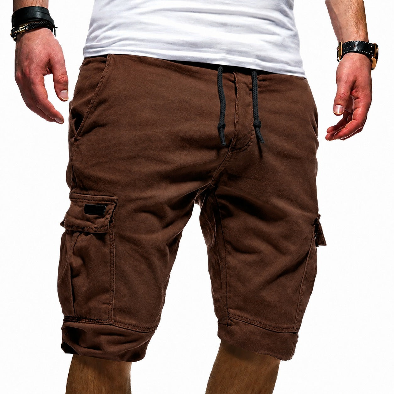 Elastic Waist Cargo Shorts - Dark Brown