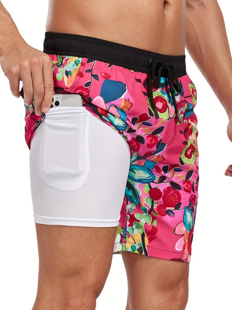 Flamingo Print Swim Trunks - Dark Pink