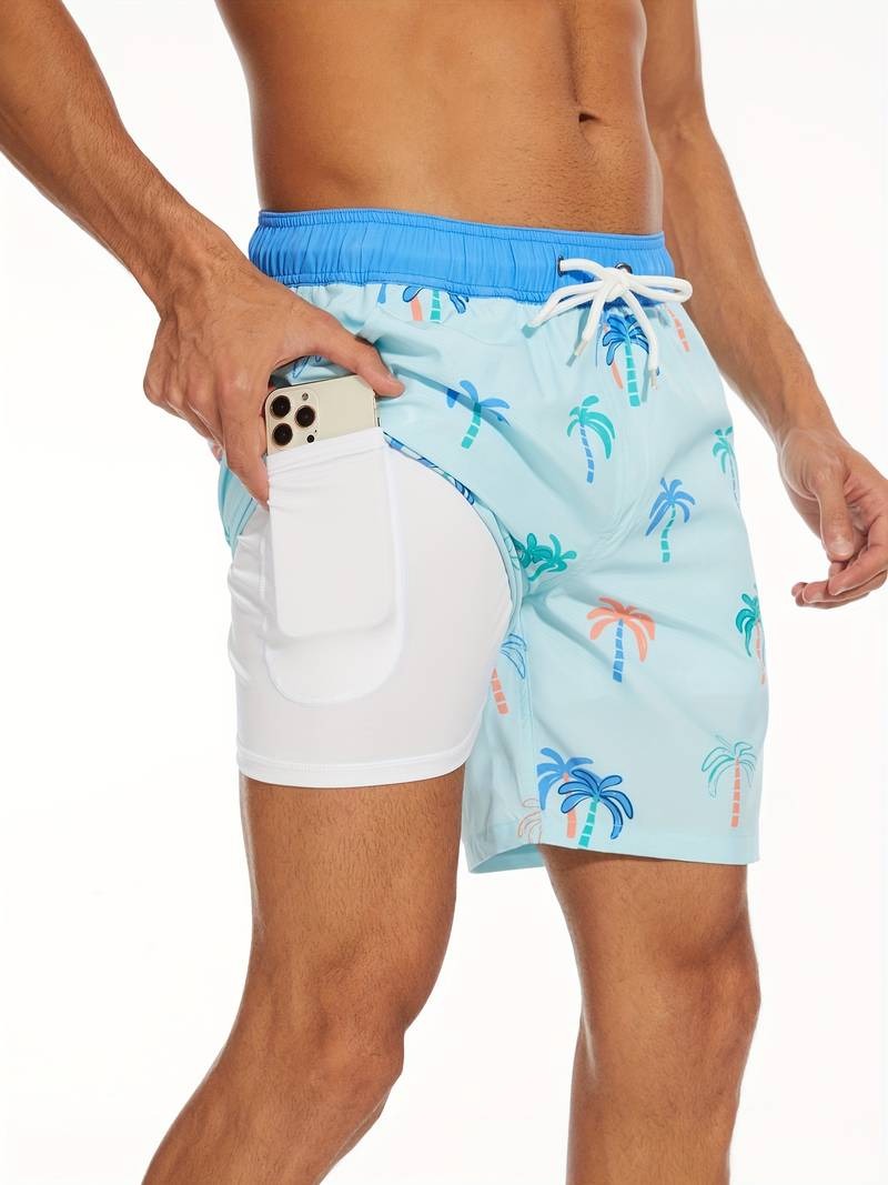 Flamingo Print Swim Trunks - Light Blue