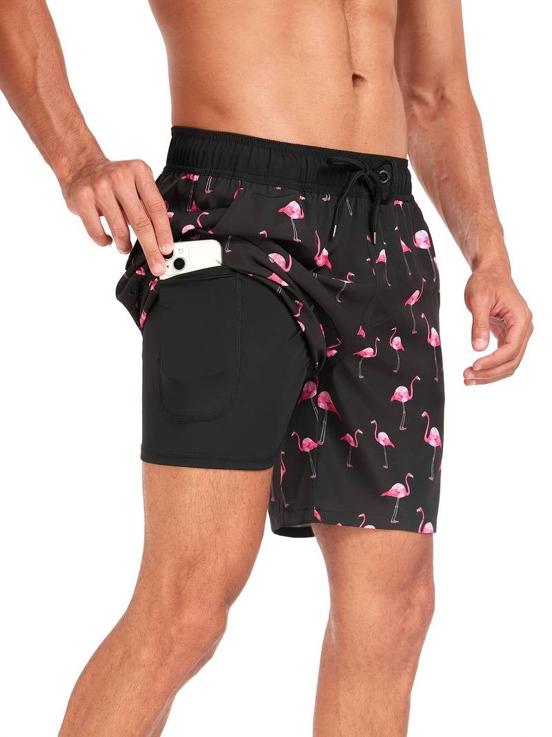 Flamingo Print Swim Trunks - Light Red