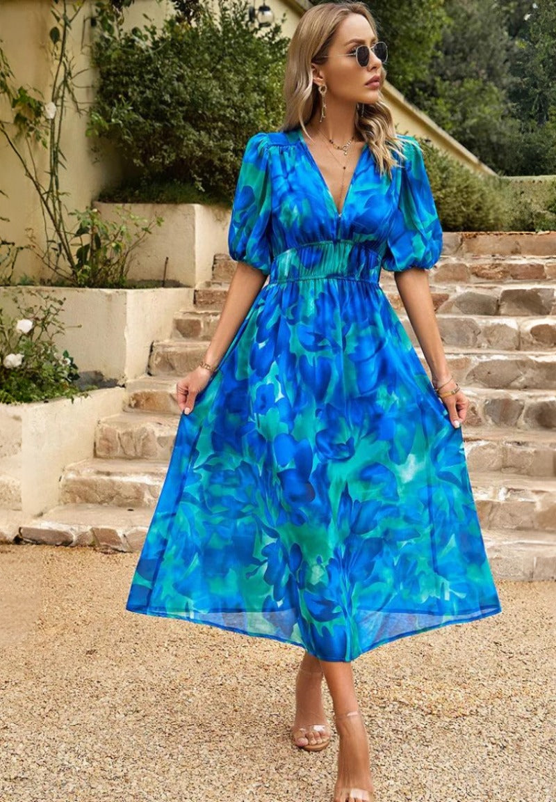 Floral Puff Sleeve Midi Dress