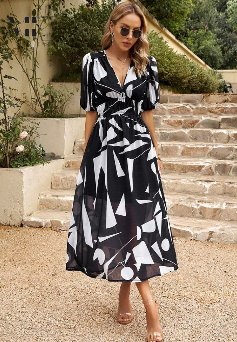 Floral Puff Sleeve Midi Dress - Black