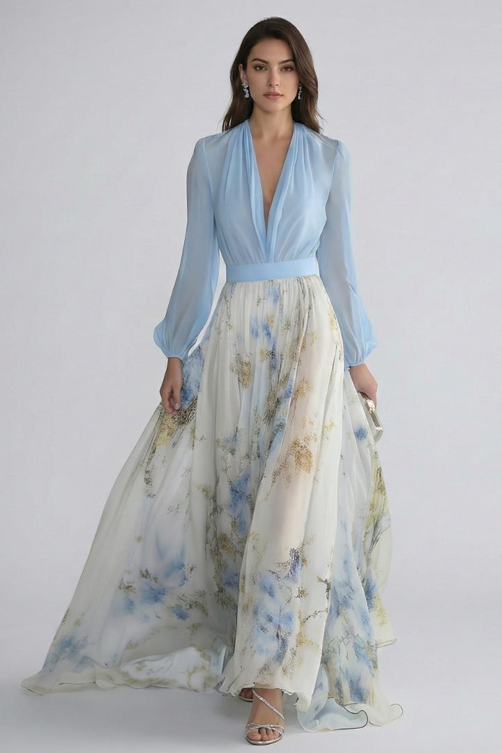 Floral Wedding Guest Maxi Dress - Light Blue