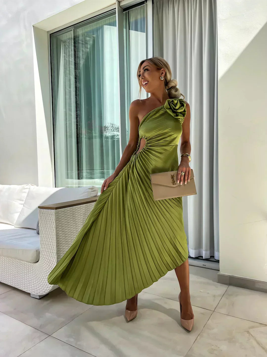 Hazel | Women’s One Shoulder Pleated Maxi Dress
