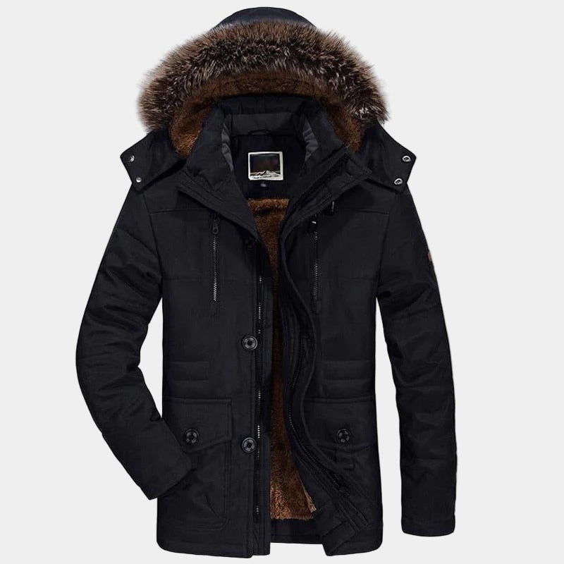 Fur Hooded Winter Parka Coat - Black