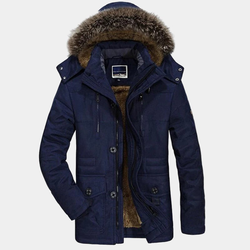 Fur Hooded Winter Parka Coat - Darkblue